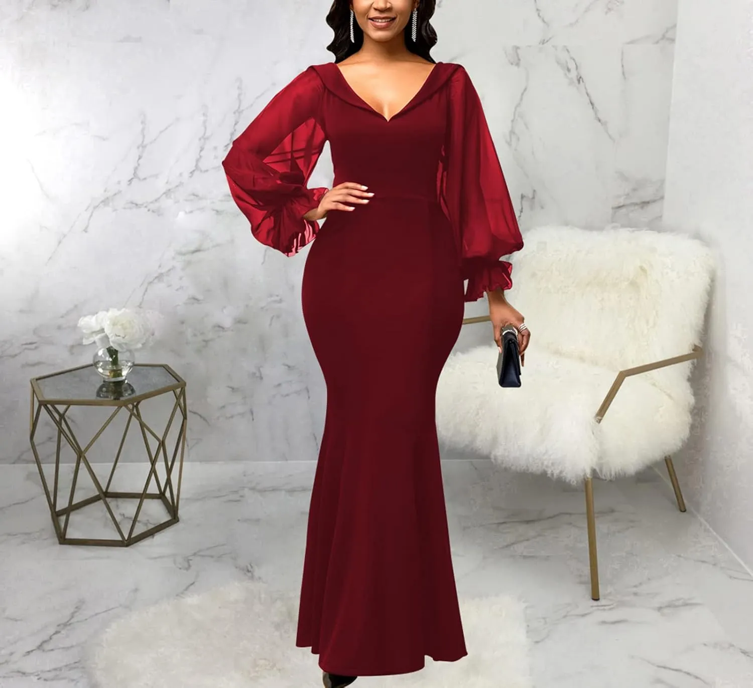 Women's Elegant Formal Mermaid Maxi Dress Off Shoulder Long Sleeve Wedding Split Evening Gown Prom Cocktail Party Dresses