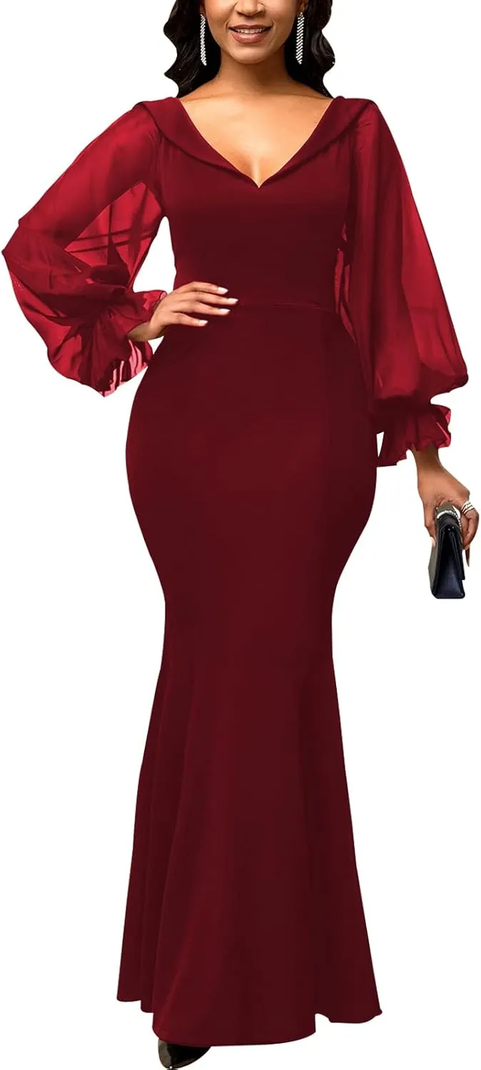 Women's Elegant Formal Mermaid Maxi Dress Off Shoulder Long Sleeve Wedding Split Evening Gown Prom Cocktail Party Dresses