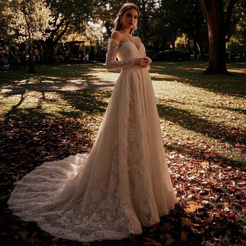 Women's Elegant Off-Shoulder Wedding Dress with French Lace Long Sleeves Floor-Length A-Line Bridal Gown for Engagement