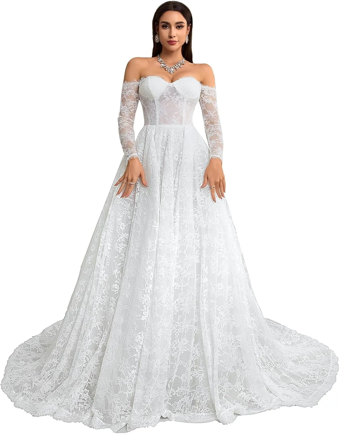 Women's Elegant Off-Shoulder Wedding Dress with French Lace Long Sleeves Floor-Length A-Line Bridal Gown for Engagement