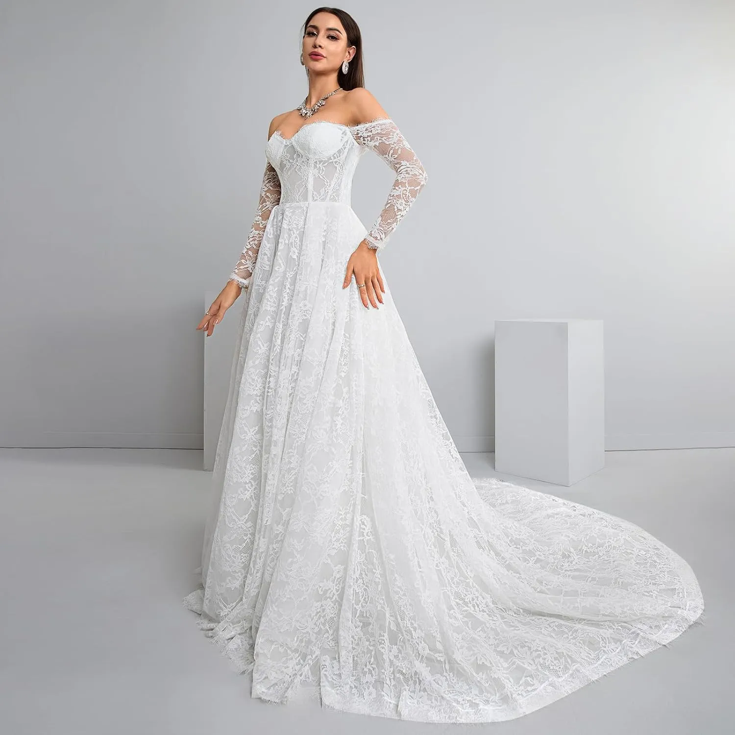Women's Elegant Off-Shoulder Wedding Dress with French Lace Long Sleeves Floor-Length A-Line Bridal Gown for Engagement