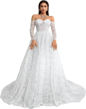 Women's Elegant Off-Shoulder Wedding Dress with French Lace Long Sleeves Floor-Length A-Line Bridal Gown for Engagement