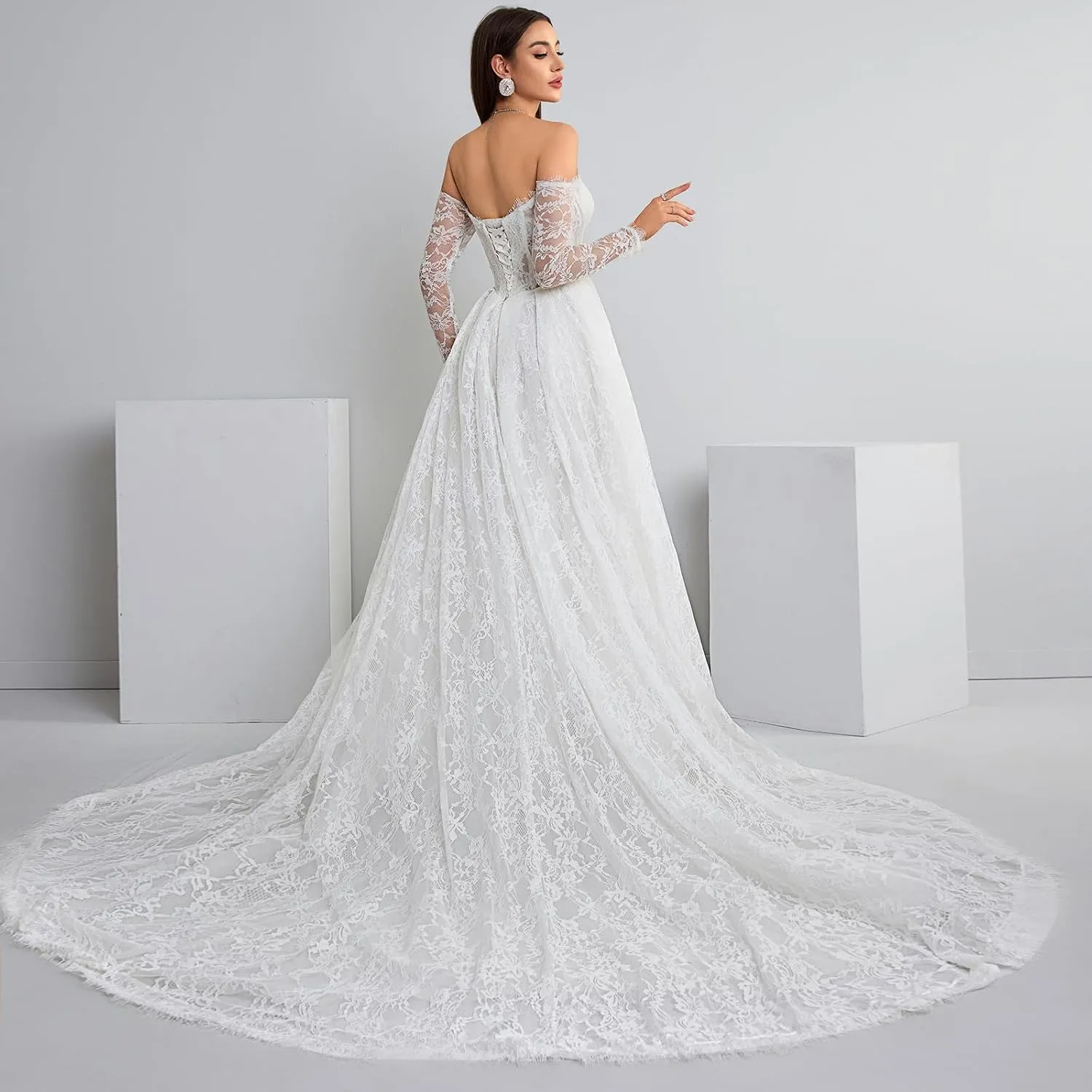 Women's Elegant Off-Shoulder Wedding Dress with French Lace Long Sleeves Floor-Length A-Line Bridal Gown for Engagement
