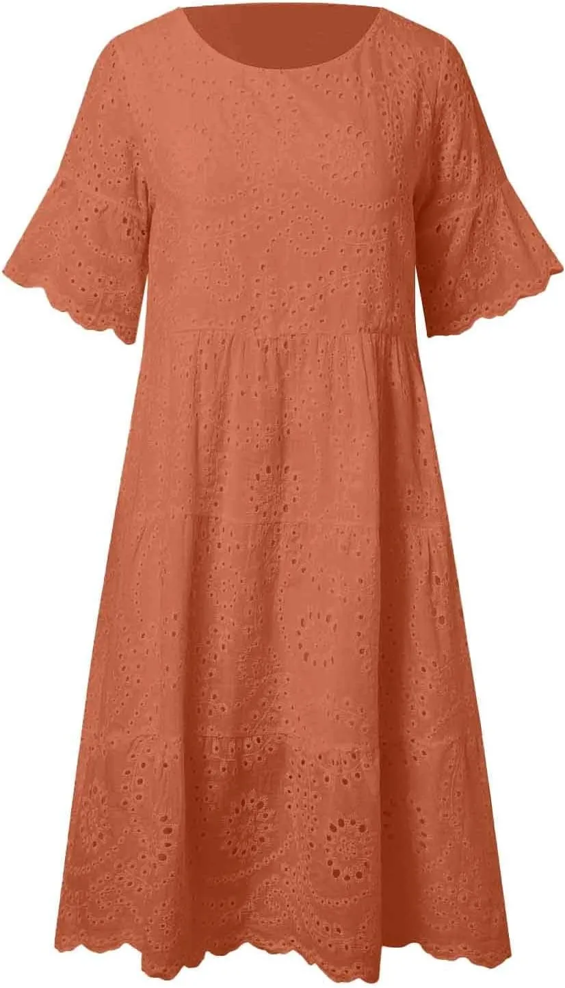 Women's Lace Eyelet Short Sleeve Tiered Midi Long Dress Ruffle Hem Cute Babydoll Short Dress 2024