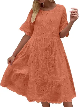 Women's Lace Eyelet Short Sleeve Tiered Midi Long Dress Ruffle Hem Cute Babydoll Short Dress 2024