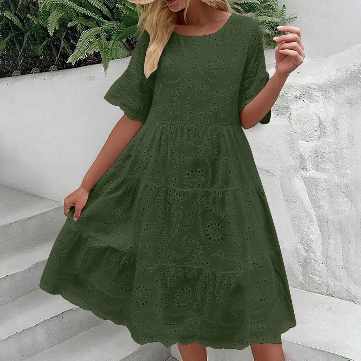 Women's Lace Eyelet Short Sleeve Tiered Midi Long Dress Ruffle Hem Cute Babydoll Short Dress 2024