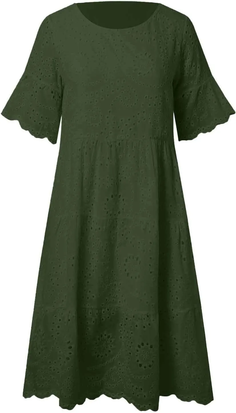 Women's Lace Eyelet Short Sleeve Tiered Midi Long Dress Ruffle Hem Cute Babydoll Short Dress 2024