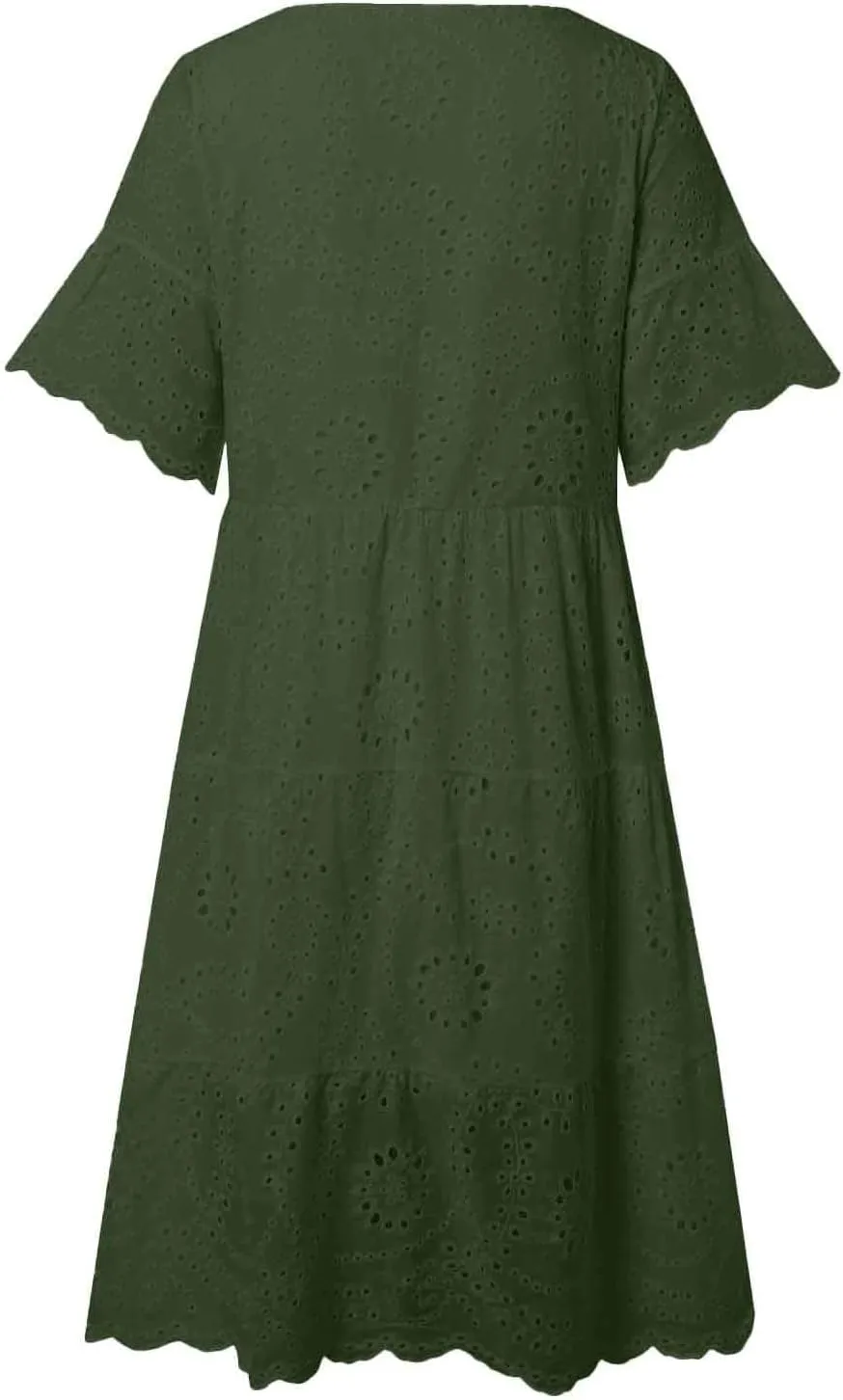 Women's Lace Eyelet Short Sleeve Tiered Midi Long Dress Ruffle Hem Cute Babydoll Short Dress 2024