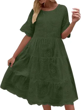 Women's Lace Eyelet Short Sleeve Tiered Midi Long Dress Ruffle Hem Cute Babydoll Short Dress 2024
