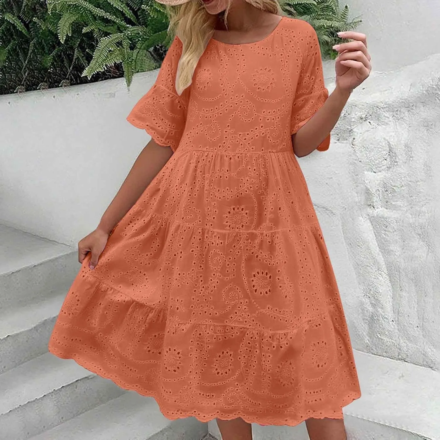 Women's Lace Eyelet Short Sleeve Tiered Midi Long Dress Ruffle Hem Cute Babydoll Short Dress 2024