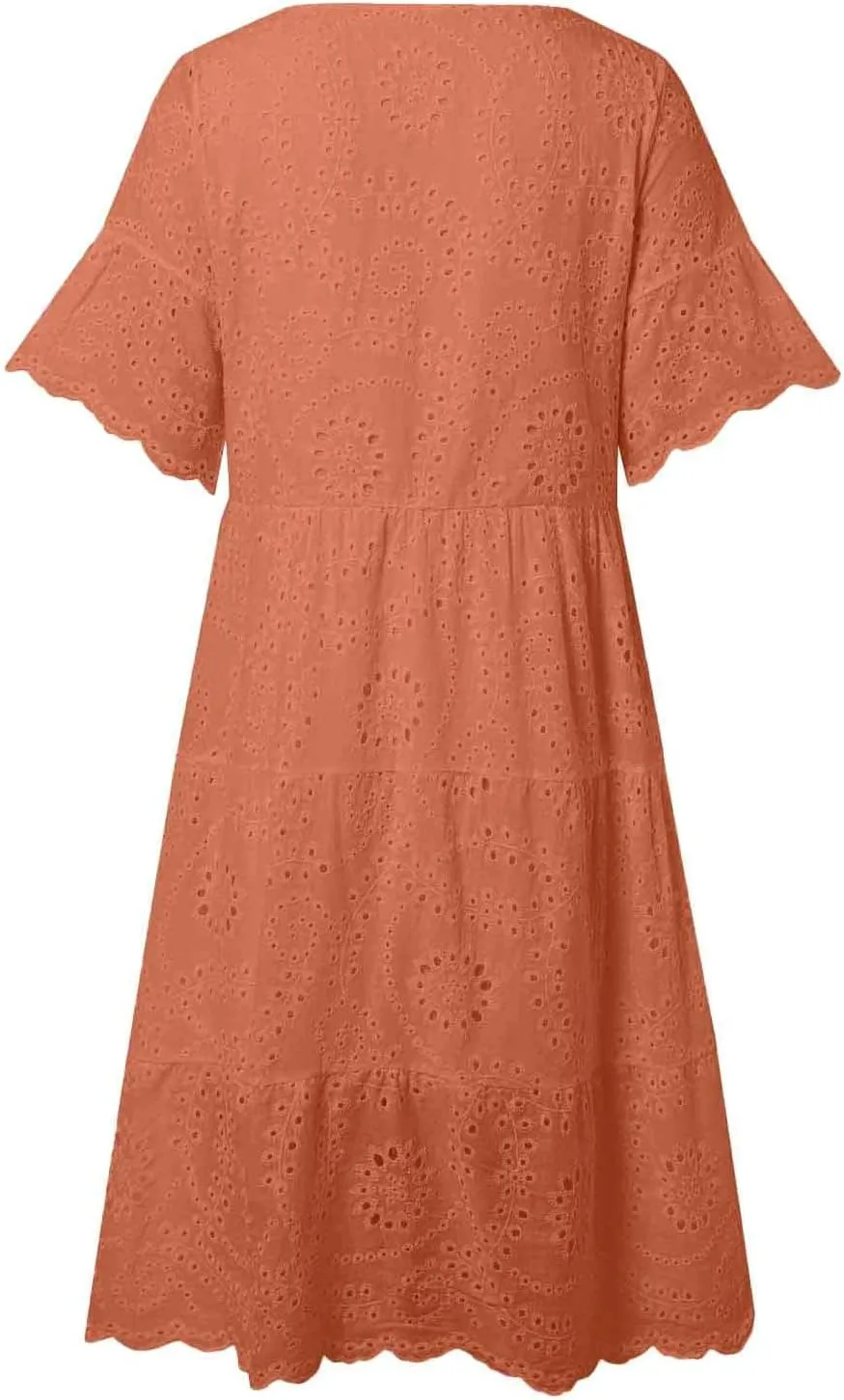 Women's Lace Eyelet Short Sleeve Tiered Midi Long Dress Ruffle Hem Cute Babydoll Short Dress 2024