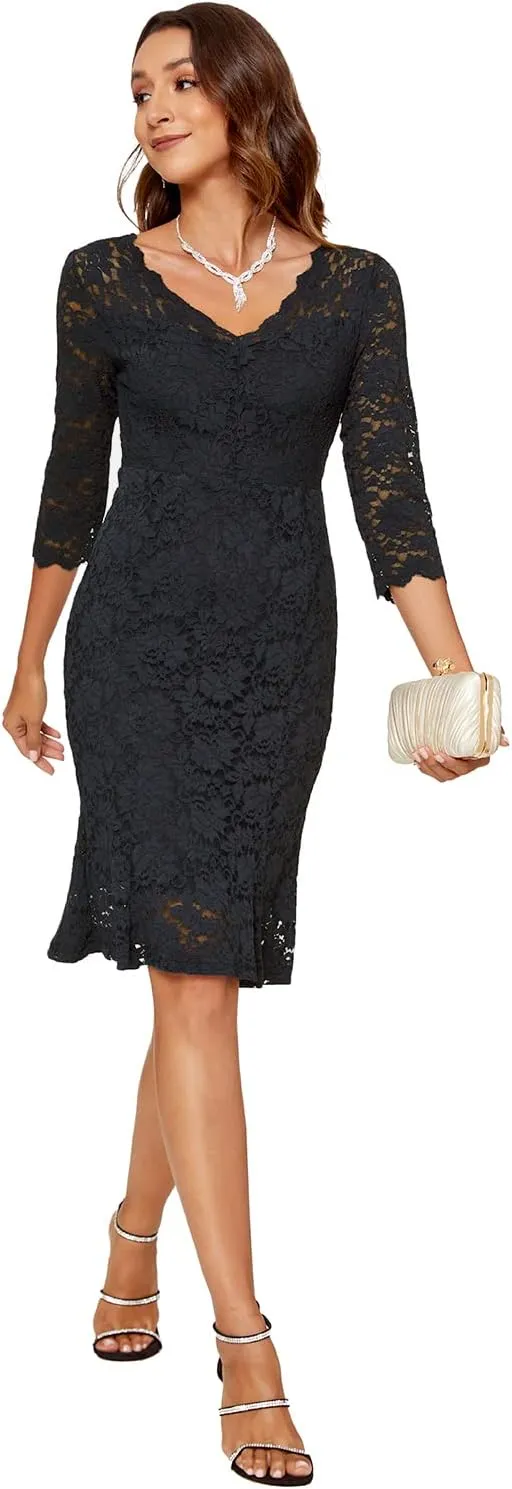 Womens Lace Floral Overlay Sexy V Neck Evening Cocktail Party Mermaid Bodycon Dresses