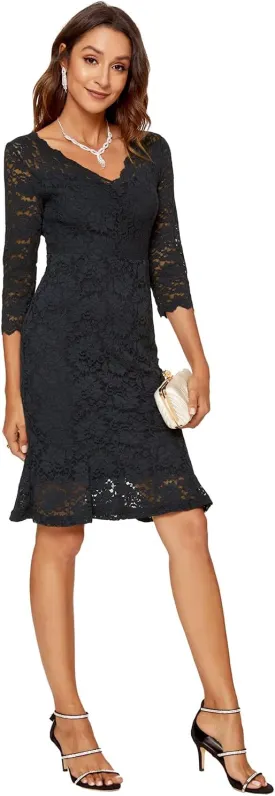 Womens Lace Floral Overlay Sexy V Neck Evening Cocktail Party Mermaid Bodycon Dresses