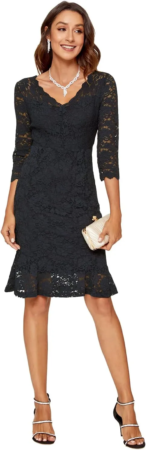 Womens Lace Floral Overlay Sexy V Neck Evening Cocktail Party Mermaid Bodycon Dresses