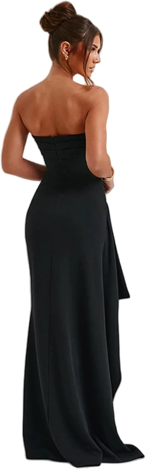 Women's Off Shoulder Backless Ruched Bodycon Dress Sexy Strapless High Split Long Maxi Dresses for Party Cocktail