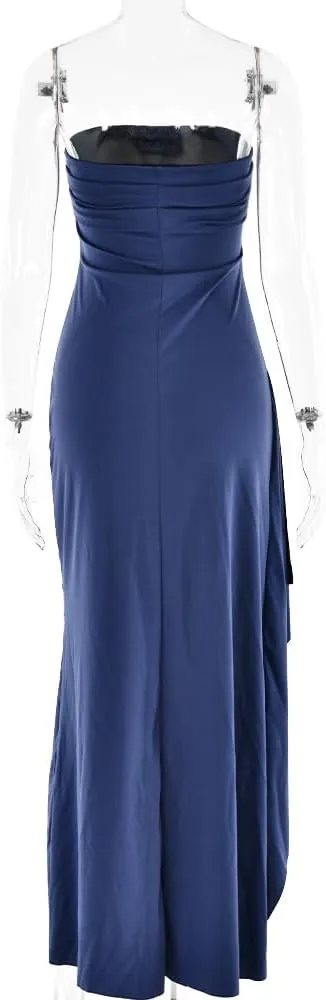 Women's Off Shoulder Backless Ruched Bodycon Dress Sexy Strapless High Split Long Maxi Dresses for Party Cocktail