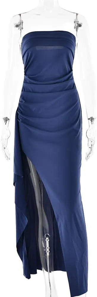 Women's Off Shoulder Backless Ruched Bodycon Dress Sexy Strapless High Split Long Maxi Dresses for Party Cocktail