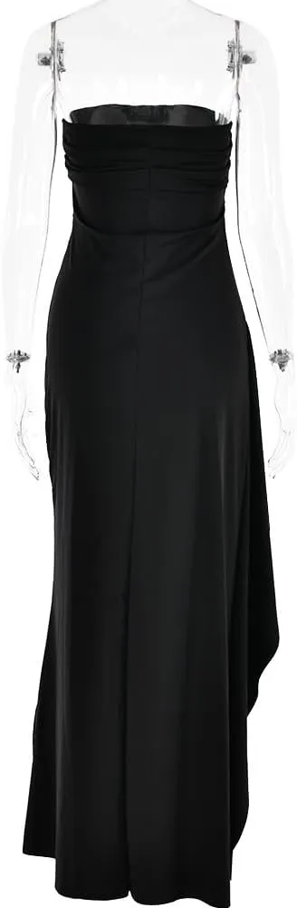 Women's Off Shoulder Backless Ruched Bodycon Dress Sexy Strapless High Split Long Maxi Dresses for Party Cocktail