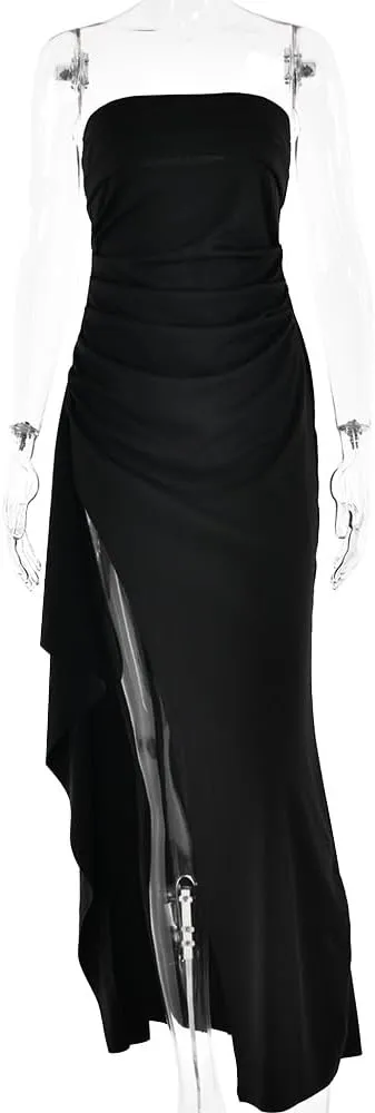 Women's Off Shoulder Backless Ruched Bodycon Dress Sexy Strapless High Split Long Maxi Dresses for Party Cocktail