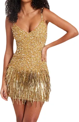 Womens Sequin Tassel Fringe Party Dress Sparkly Sleeveless V Neck Bodycon Mini Latin Dance Dress