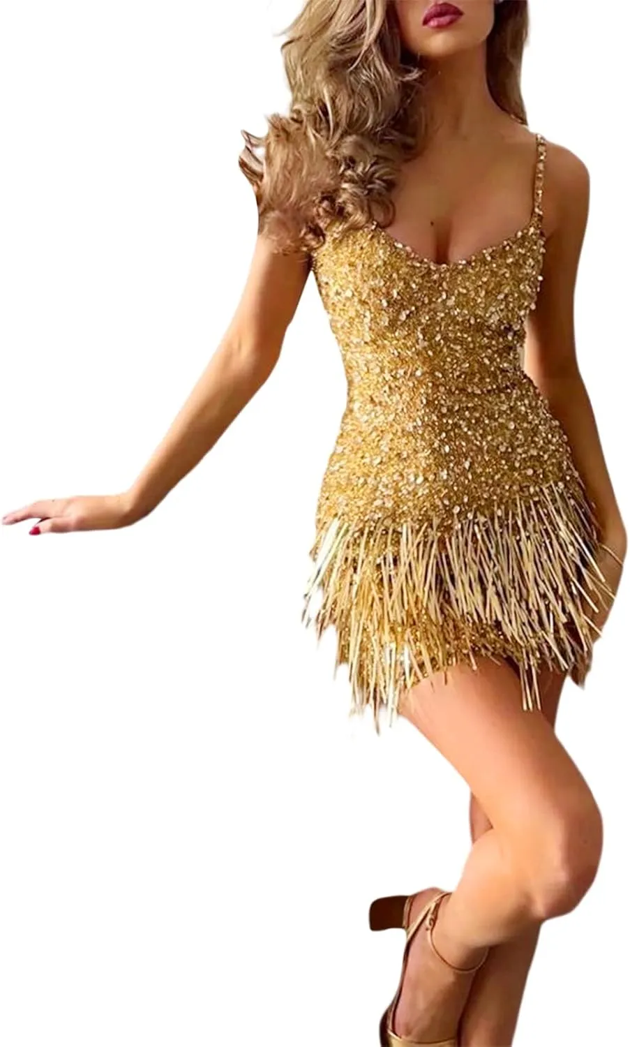 Womens Sequin Tassel Fringe Party Dress Sparkly Sleeveless V Neck Bodycon Mini Latin Dance Dress