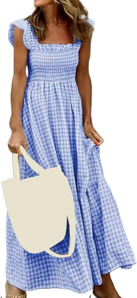 Women's Sleeveless Dress Retro Plaid A-Line Smocked Maxi Long Dress Square Neck Ruffle Flowy A-Line Beach Sundress