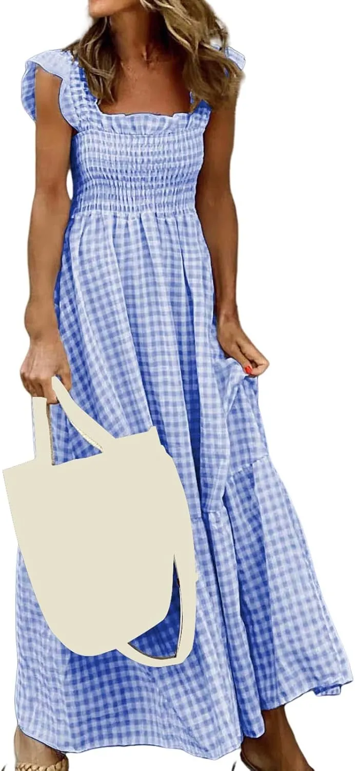 Women's Sleeveless Dress Retro Plaid A-Line Smocked Maxi Long Dress Square Neck Ruffle Flowy A-Line Beach Sundress