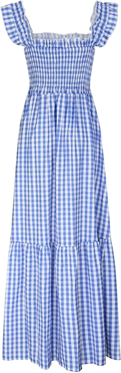 Women's Sleeveless Dress Retro Plaid A-Line Smocked Maxi Long Dress Square Neck Ruffle Flowy A-Line Beach Sundress