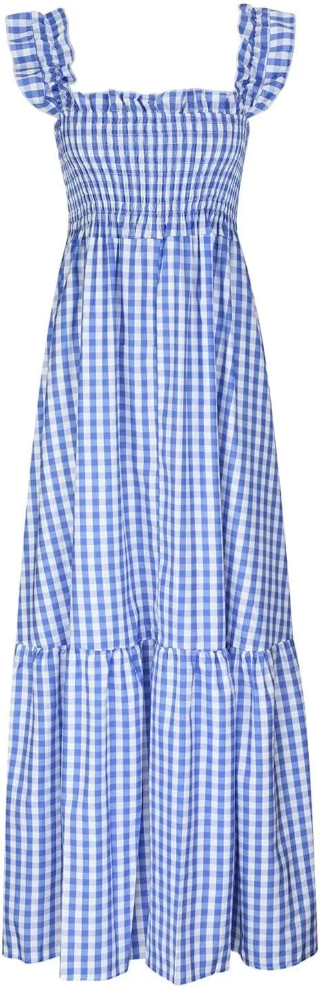 Women's Sleeveless Dress Retro Plaid A-Line Smocked Maxi Long Dress Square Neck Ruffle Flowy A-Line Beach Sundress