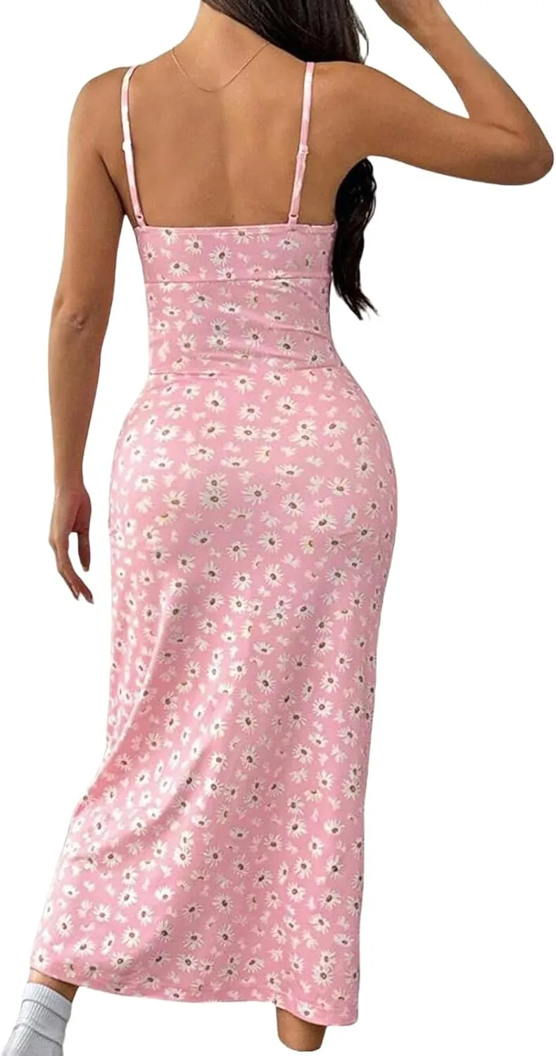 Women's Summer Fashion Floral Dress Sexy Split Thigh Spaghetti Strap Midi Dress Square Neck Boho Vacation Sundress