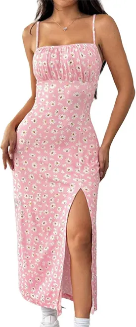 Women's Summer Fashion Floral Dress Sexy Split Thigh Spaghetti Strap Midi Dress Square Neck Boho Vacation Sundress