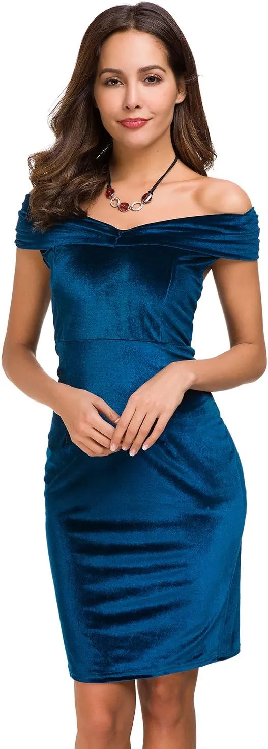 Womens Vintage Off Shoulder Velvet Bodycon Dresses Midi Pencil Dress for Party Cocktail Formal Evening Club