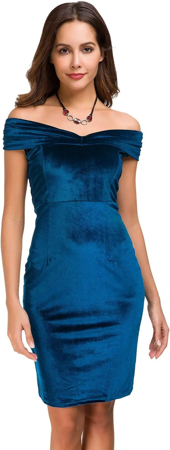 Womens Vintage Off Shoulder Velvet Bodycon Dresses Midi Pencil Dress for Party Cocktail Formal Evening Club