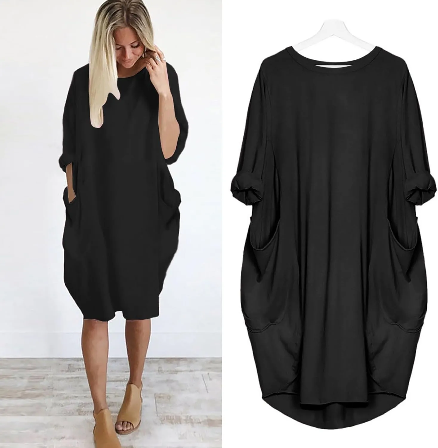 Women's Wife Mom Boss Tunic Dress Crew Neck Long Sleeve Oversize Baggy Causal Loose Midi Dresses with Big Pockets