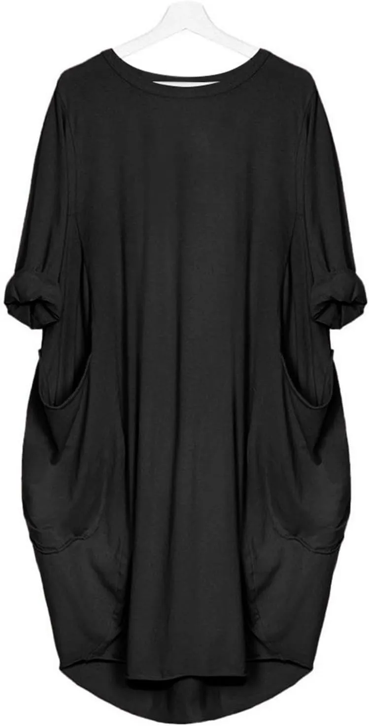 Women's Wife Mom Boss Tunic Dress Crew Neck Long Sleeve Oversize Baggy Causal Loose Midi Dresses with Big Pockets