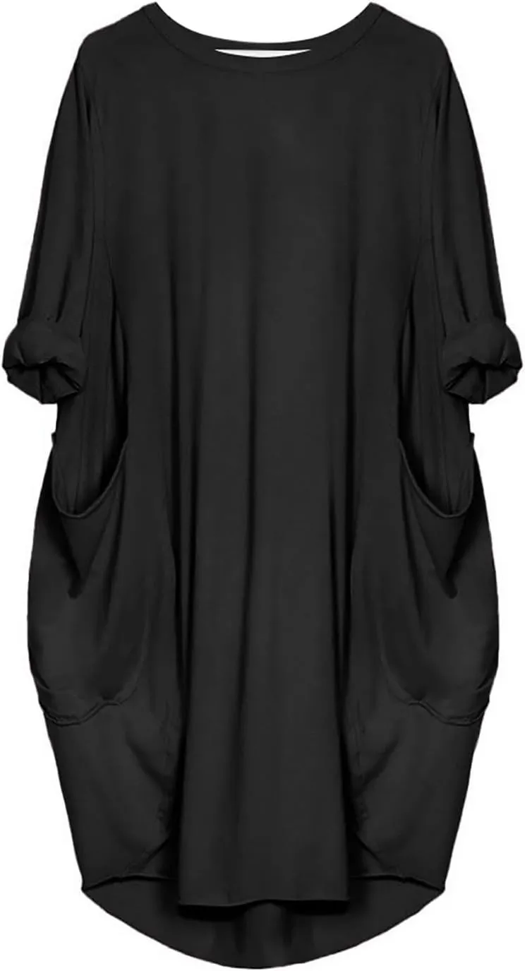 Women's Wife Mom Boss Tunic Dress Crew Neck Long Sleeve Oversize Baggy Causal Loose Midi Dresses with Big Pockets