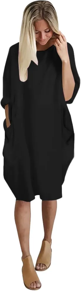 Women's Wife Mom Boss Tunic Dress Crew Neck Long Sleeve Oversize Baggy Causal Loose Midi Dresses with Big Pockets