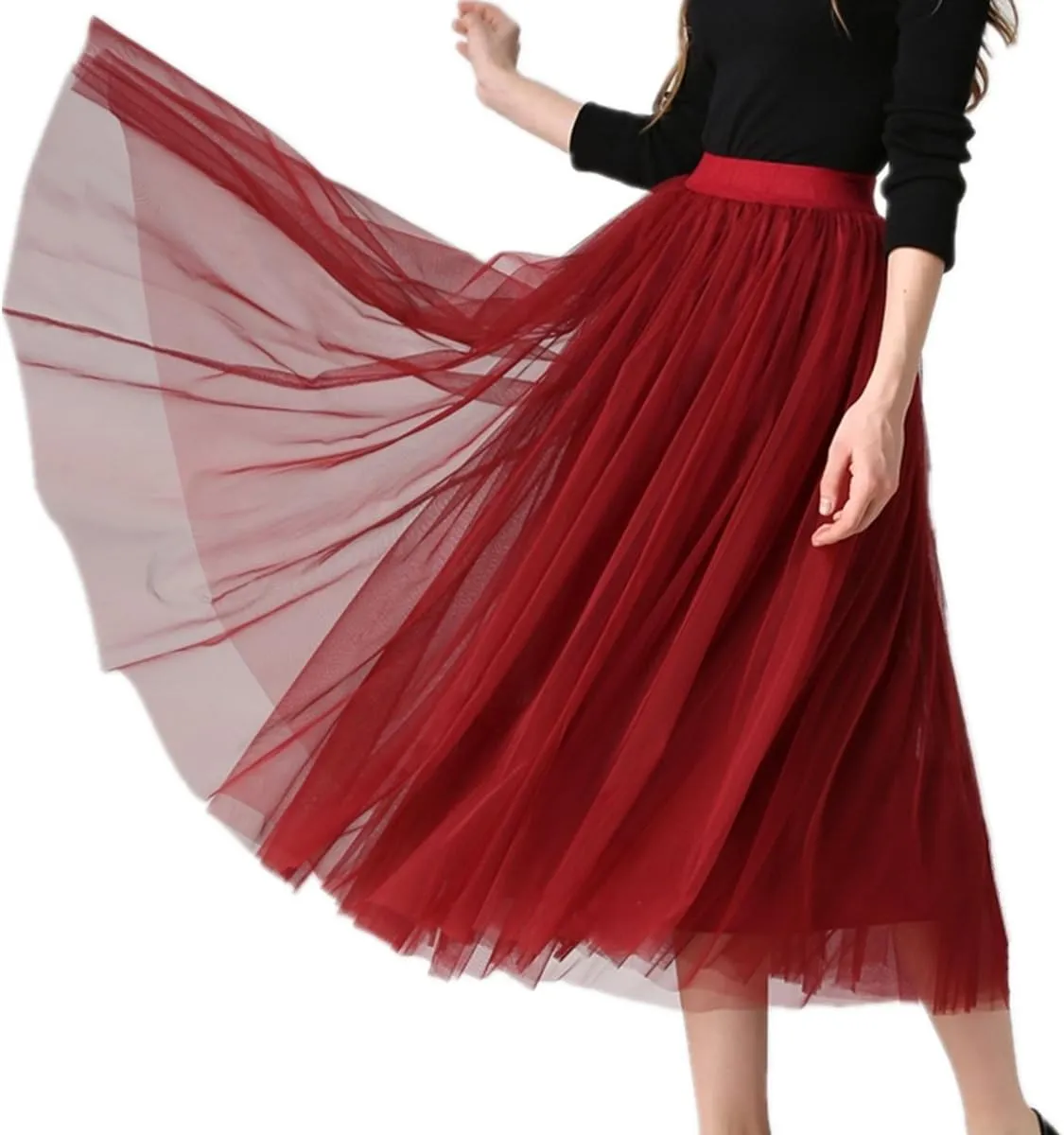 XINUO Women Elastic Waist 4 Layers Gauze Tulle Ball Gown Big Swing OL Long Skirts (One-Size, Wine Red)