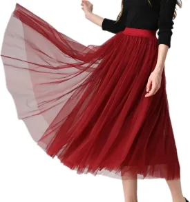 XINUO Women Elastic Waist 4 Layers Gauze Tulle Ball Gown Big Swing OL Long Skirts (One-Size, Wine Red)