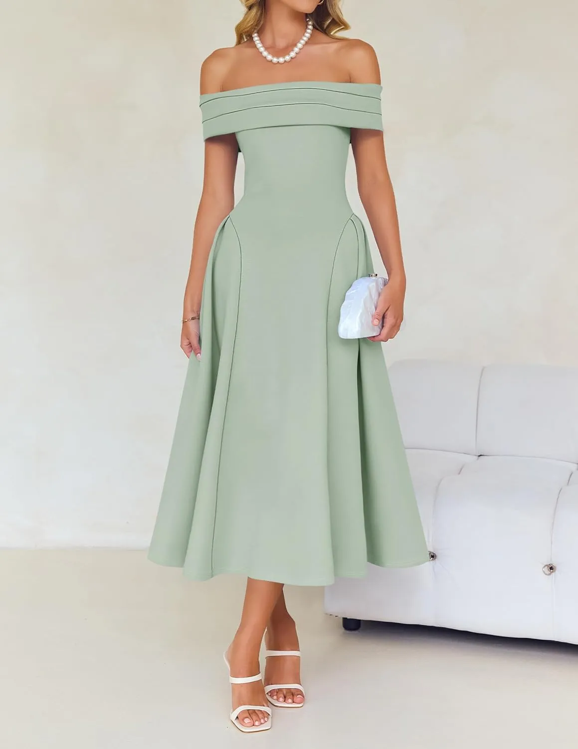 ZESICA Cocktail Dresses for Women's Elegant Off Shoulder Short Sleeve Swing A Line Wedding Evening Party Midi Dress