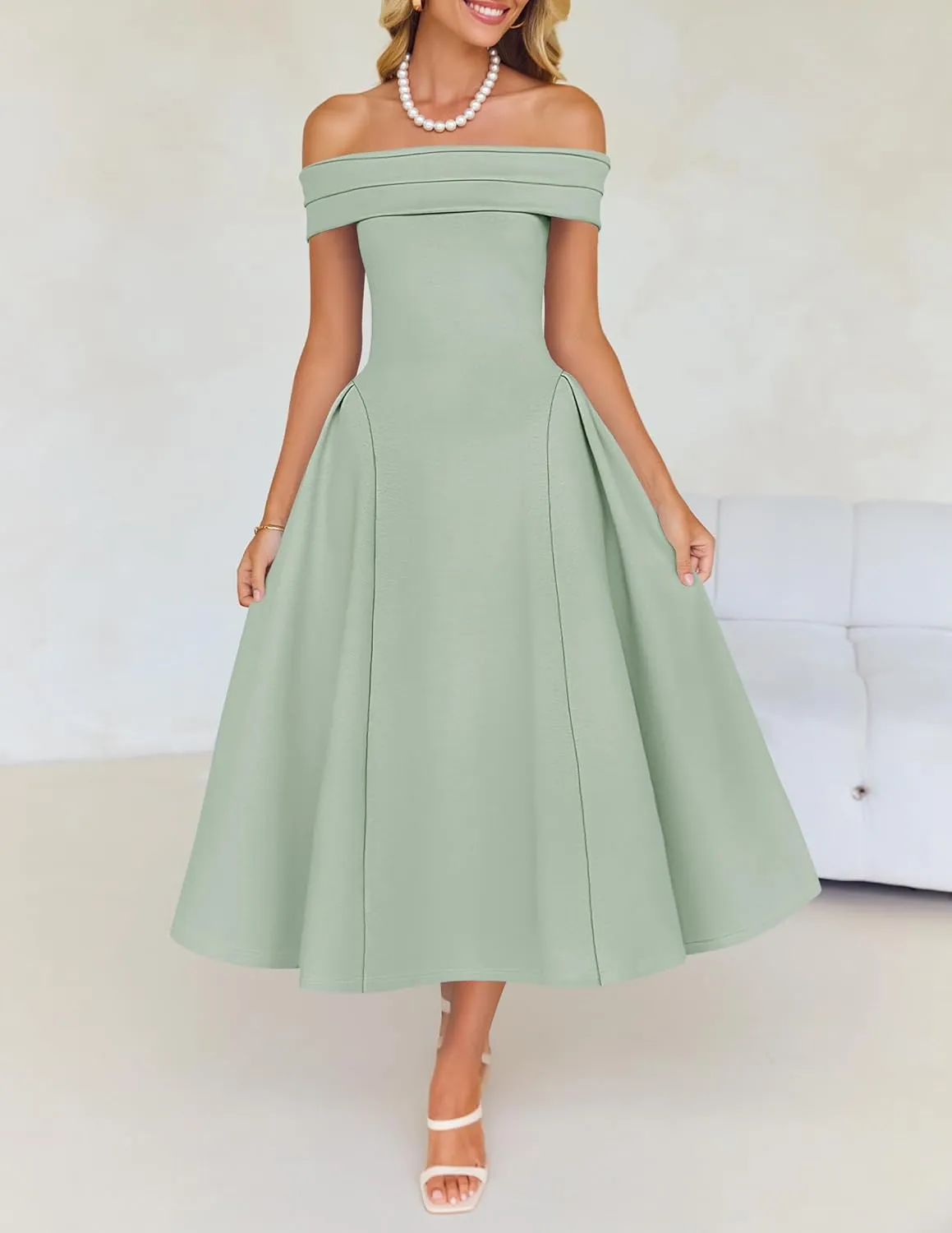 ZESICA Cocktail Dresses for Women's Elegant Off Shoulder Short Sleeve Swing A Line Wedding Evening Party Midi Dress