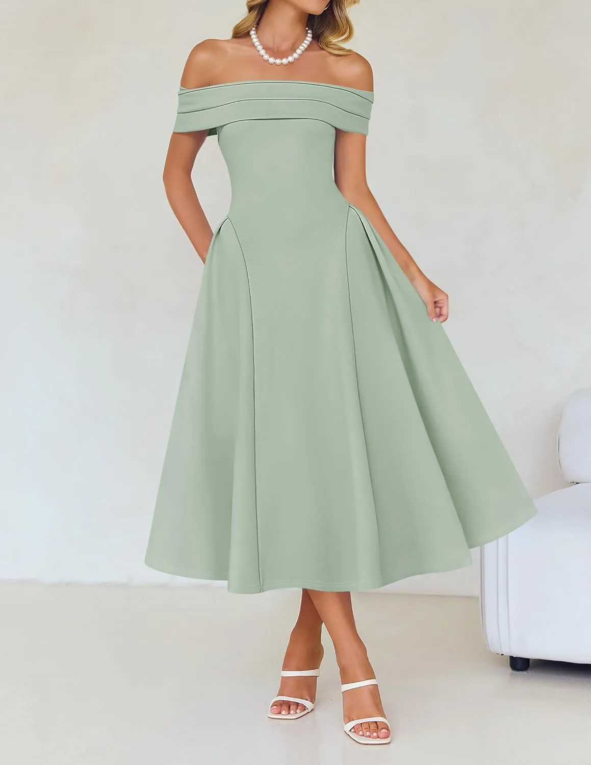 ZESICA Cocktail Dresses for Women's Elegant Off Shoulder Short Sleeve Swing A Line Wedding Evening Party Midi Dress