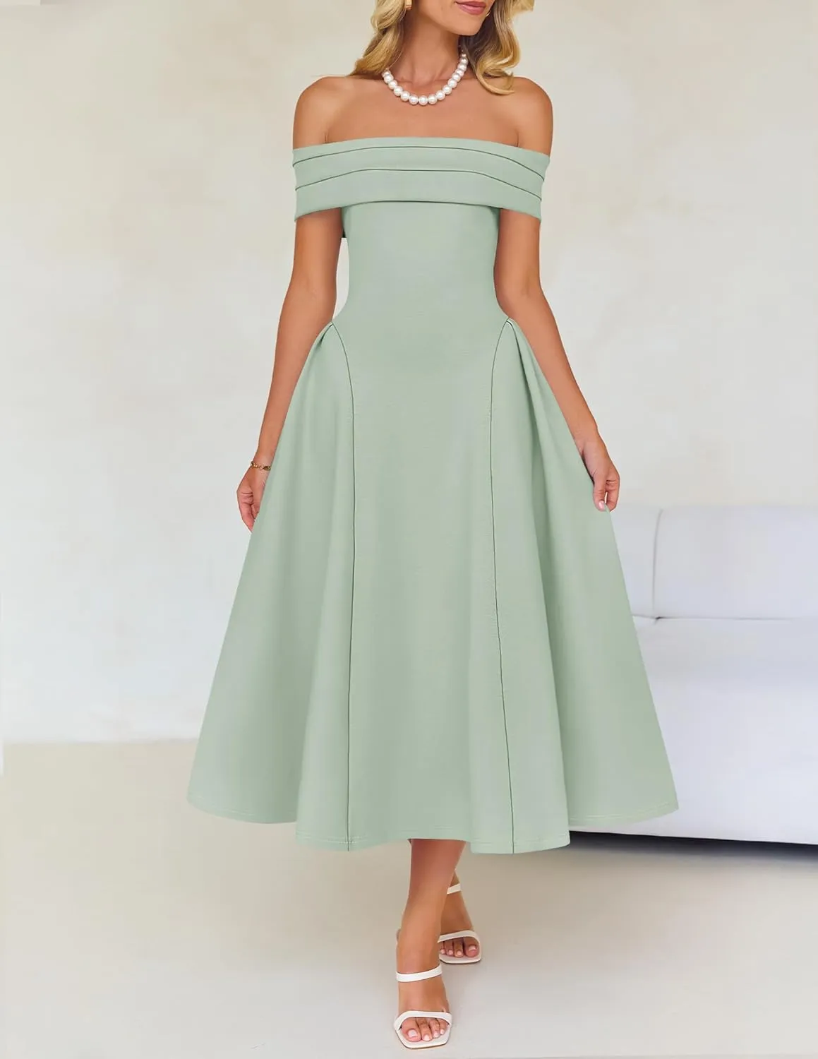 ZESICA Cocktail Dresses for Women's Elegant Off Shoulder Short Sleeve Swing A Line Wedding Evening Party Midi Dress