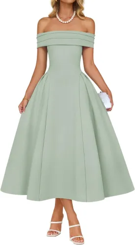 ZESICA Cocktail Dresses for Women's Elegant Off Shoulder Short Sleeve Swing A Line Wedding Evening Party Midi Dress