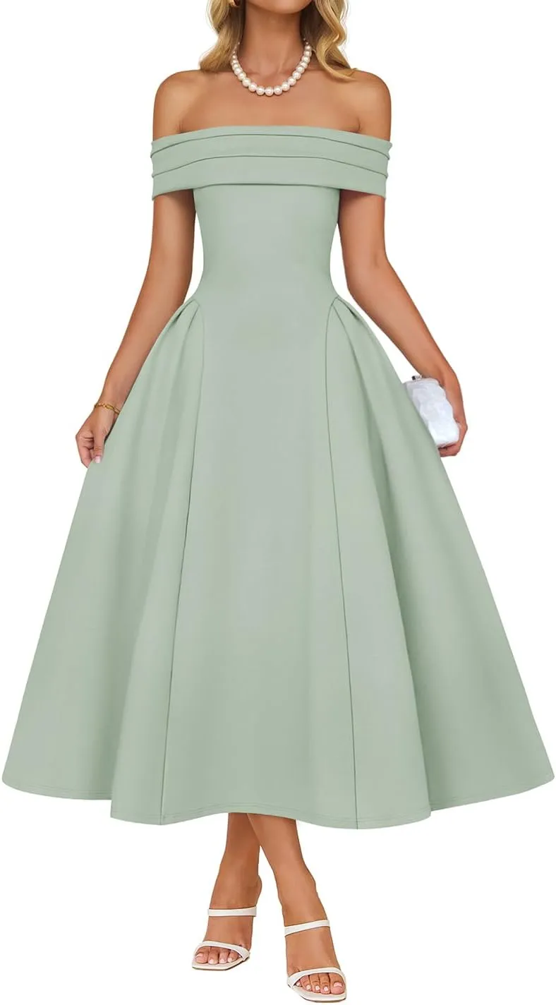 ZESICA Cocktail Dresses for Women's Elegant Off Shoulder Short Sleeve Swing A Line Wedding Evening Party Midi Dress