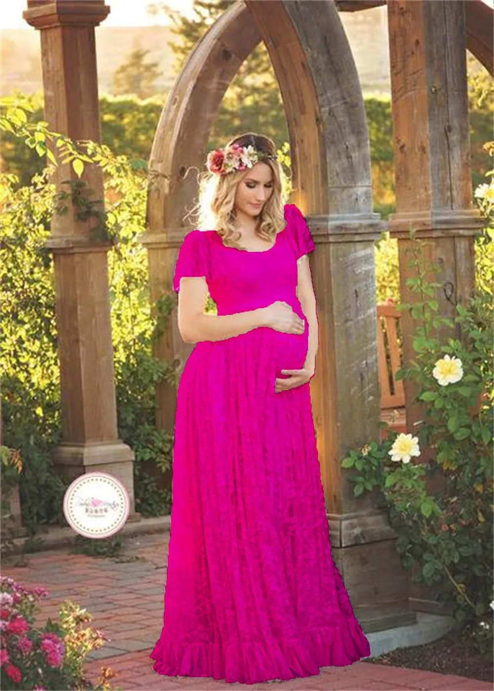 ZIUMUDY Maternity Lace Flutter Short Sleeve Photography Gown Maxi Dress for Baby Shower