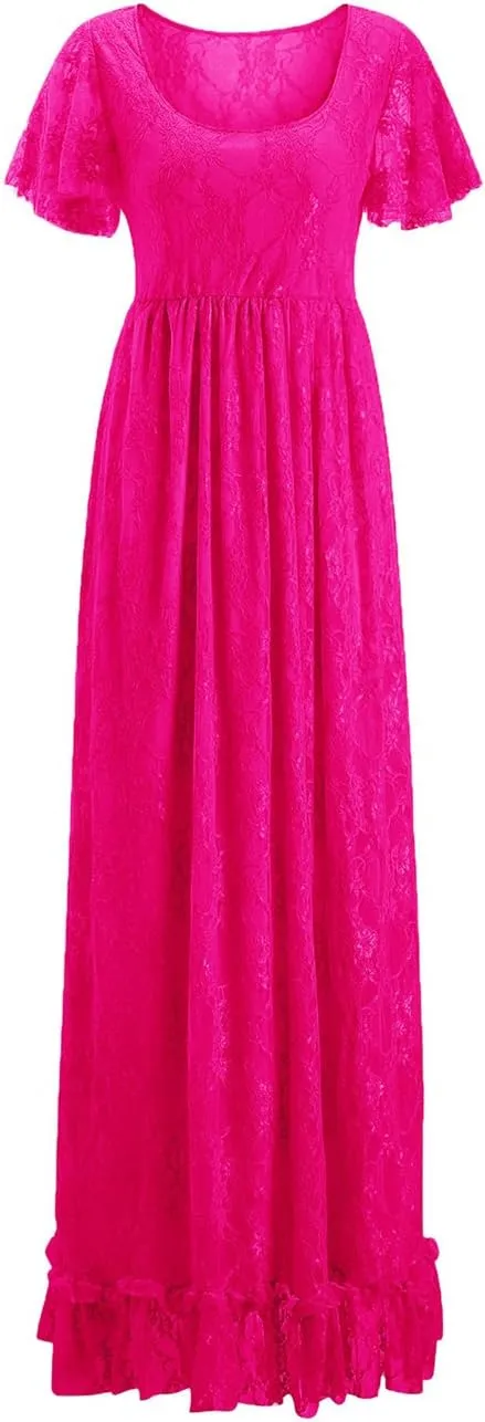 ZIUMUDY Maternity Lace Flutter Short Sleeve Photography Gown Maxi Dress for Baby Shower