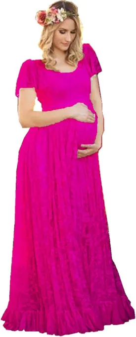ZIUMUDY Maternity Lace Flutter Short Sleeve Photography Gown Maxi Dress for Baby Shower