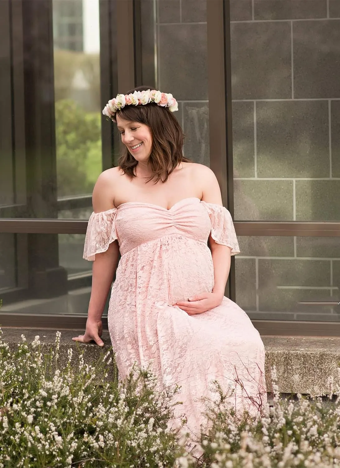 ZIUMUDY Photography Maternity Dress Off Shoulder Lace Baby Shower Pregnant Wedding Dress
