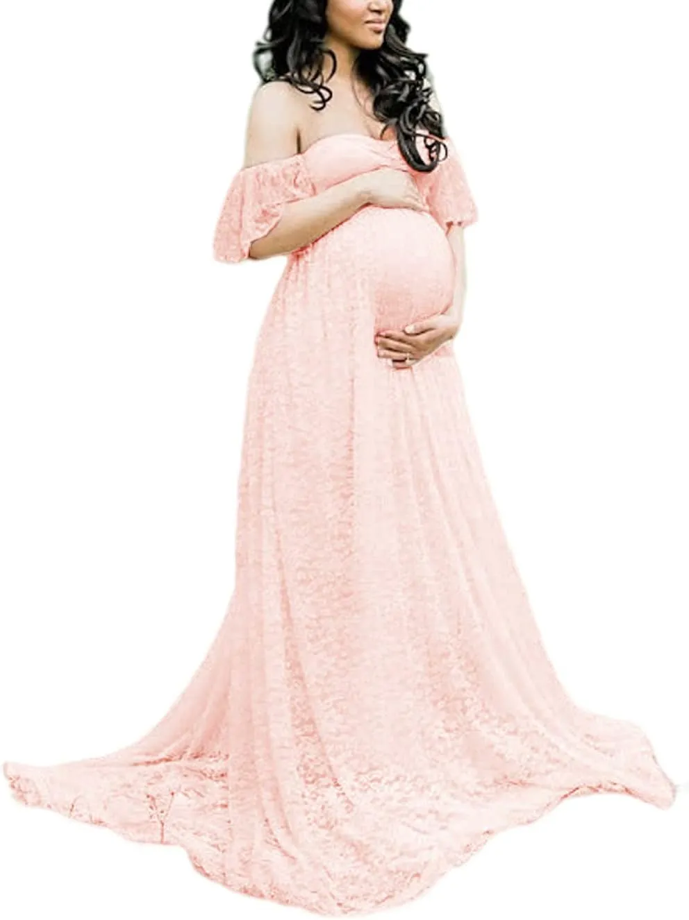 ZIUMUDY Photography Maternity Dress Off Shoulder Lace Baby Shower Pregnant Wedding Dress
